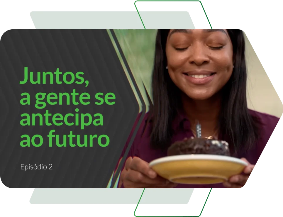 Capa de vídeo explicativo da Horiens, com uma mulher sorrindo em frente a um bolo de aniversário e a frase "Juntos, a gente antecipa o futuro".